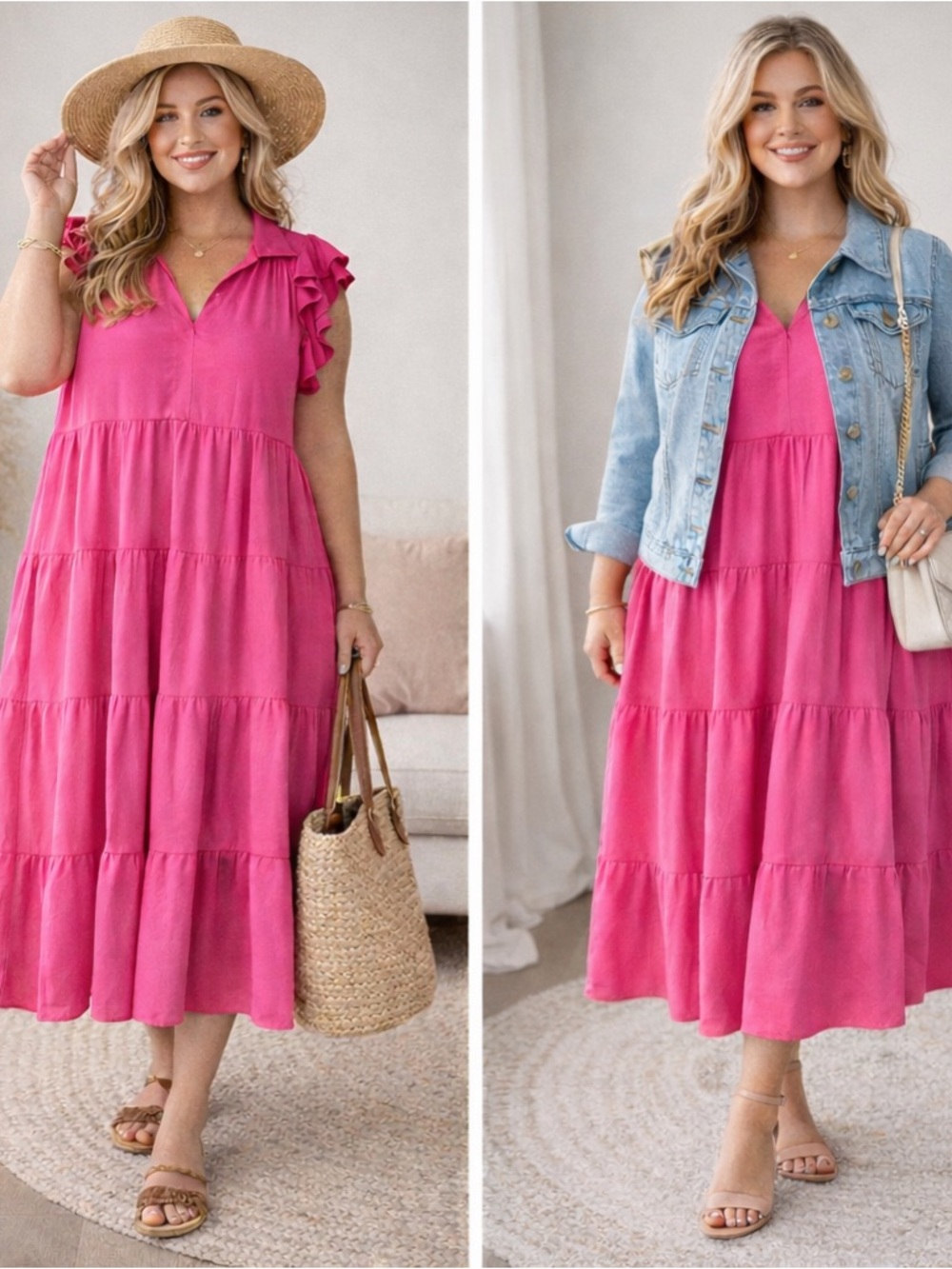 Bright Pink Tiered Maxi Dress with V-Neck